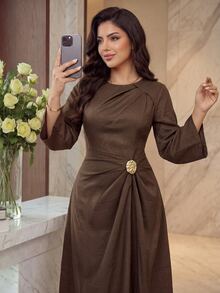 Dripcurv Plus Size Versatile Fashion Metal Decor Pleated Dress Fall - Brown - View 5