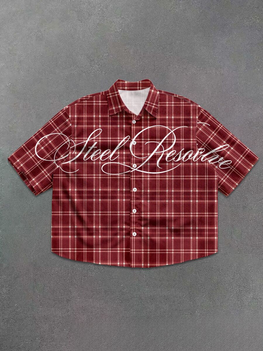 Manfinity EMRG Men's Boxy Fit Plaid Letter Graphic Button-Up Shirt, Red Short Sleeve Collared Casual Top For Streetwear, Vacation & Daily Wear - Multicolor - View 1