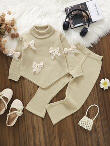 SHEIN Girlss Sweater Co-Ords High Neck Bow Knitted Sweater Set Asymmetrical Hem Top And Flared Long Wide Leg Pants 2 Piece Set Soft And Skin-Friendly Fall W - Apricot - View 8