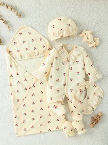 SHEIN 新生女嬰 6 件套清新櫻桃套裝，包含包巾、帽子、手套、圍兜、髮帶和連身衣，柔軟舒適面料，適合日常穿著，禮品 - 黃色 - 查看 2