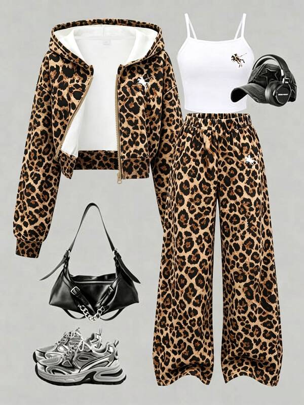 Back To School Autumn/Winter Casual Fashion Girls Street Style Leopard Print Hooded Sweatshirt Camisole Wide Leg Pants Set, American Style Jacket Long Pants Camisole 3 Pieces Set, Versatile Outfit For Girls 8Y-12Y