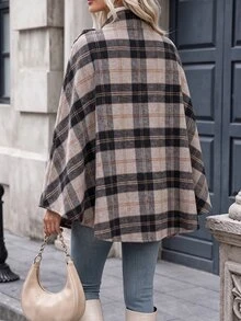 SHEIN Autumn/Winter British Style Casual Elegant Plaid Cape Coat, Ruched Collar Button Decor Loose Plaid Shawl Jacket Everyday Going Out Grey Plaid - Coffee Brown - View 2