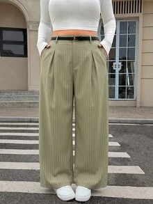 SHEIN EZwear Pantalones de pierna ancha casuales con cierre de botones y cinturón en unicolor para talla grande en otoño/invierno - Verde - Ver 5