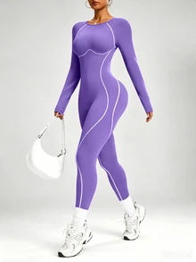 Easithlete Easithlete Women's White & Purple Colorblock Seamless Long Sleeve Yoga Jumpsuit - Purple - View 5