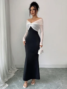 SHEIN Raffinéa Elegant Sexy Off-Shoulder Long Sleeve Fitted Bodycon Dress For Women - Black and White - View 7