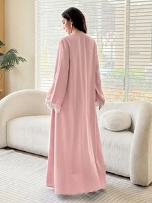 Al Najma 浪漫優雅純色大裙擺網紗蕾絲裝飾女款長袍 - 粉色 - 查看 2