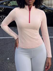 Rovax Front Zipper Fitted Cropped Sports T-Shirt - Baby Pink - View 4