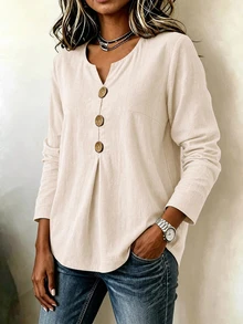 Linhara CURVE Plus Size Women's Solid Color Cotton Shirt, Notch V-Neck Button Decor Long Sleeve Autumn Blouse Fall - Khaki - View 4