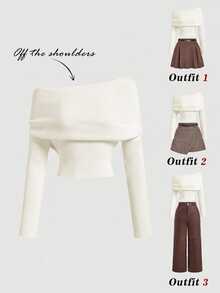 SHEIN MOD Women's Solid Color Off-Shoulder Casual Versatile Daily Long Sleeve Sweater - Beige - View 1
