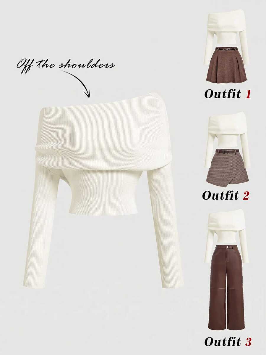 SHEIN MOD Women's Solid Color Off-Shoulder Casual Versatile Daily Long Sleeve Sweater - Beige - View 1