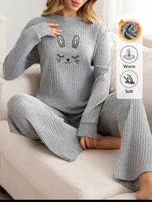 SHEIN Sleepy Bunny Graphic Rib Knit Lounge Set - Beige - View 6