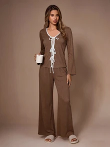Lazeform Women's Casual Knit Tie-Front Cardigan Loungewear Pajama Set - Brown - View 3