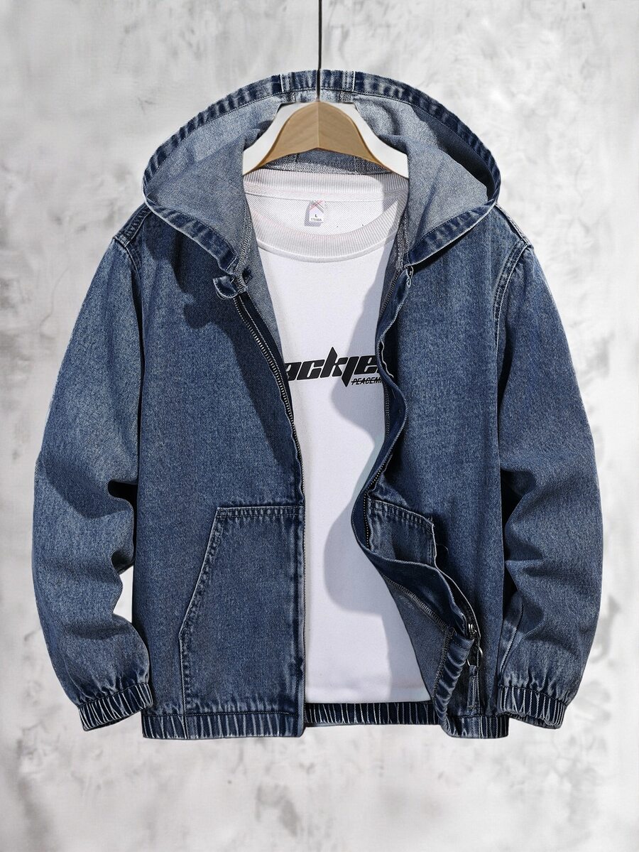 SHEIN 男童新款復古中藍色水洗丹寧連帽夾克,美式街頭風,品牌高端酷感小眾外套,舒適柔軟面料,適合休閒外出與戶外穿著,完美搭配 - 深色水洗藍 - 查看 1