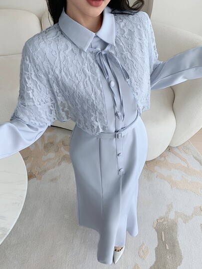 Feyla New French Vintage Cinched Waist Mermaid Lace Cape Dress, Elegant Lady Style