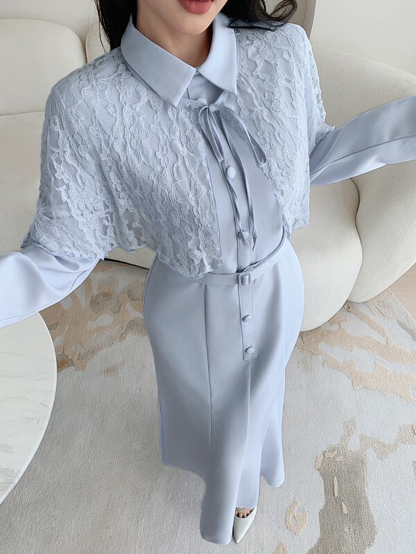 Feyla Neues französisches Vintage Meerjungfrau-Spitzen-Cape-Kleid mit geraffter Taille, eleganter Damenstil