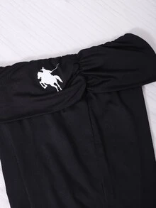 SHEIN Sparklyn 女童深藍色摺腰馬術小馬印花喇叭褲，秋季服飾，彈性百搭修身喇叭運動內搭褲 - 黑色 - 查看 4