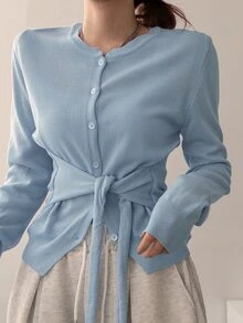 DAZY Women's Solid Color Sweet Button Tie Long Sleeve Knit Cardigan Fall - Blue - View 1