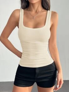 SHEIN PETITE 休閒百搭白色深U領工字背心上衣 - 杏色 - 查看 5