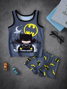 BATMAN X SHEIN Young Boy Cartoon Print Tank Top And Hipster Underwear Set - Dark Grey - View 3