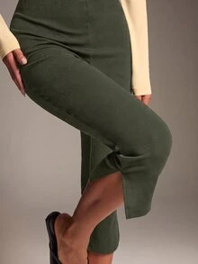SHEIN BAE 女款休閒基礎優雅通勤早午餐時尚側開衩中長褲、七分褲、外出褲、夏季褲、工作褲 橄欖綠 - 軍綠色 - 查看 3