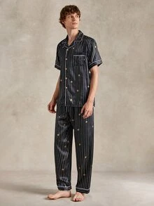 EverLounge Conjunto de ropa de estar en casa casual y lindo para hombres con top de manga corta y pantalones largos para dormir en casa, negro y dorado, verano - Multicolor - Ver 5