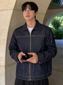 DAZY Spring/Autumn Long Sleeve Deconstructed Patchwork Navy Blue Raw Denim Men's Denim Jacket - Navy Blue - View 5