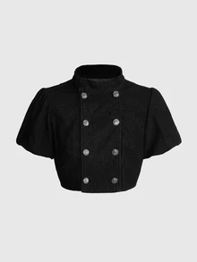ROMWE Y2K Vintage Court Style Double-Breasted Decorative Petal Sleeve Original Indigo Denim Top For Women - Black - View 1