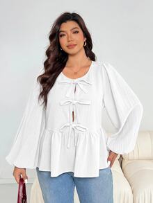 SHEIN Essnce Plus Size Elegant Bow Tie Tie-Up Ruched Blouse - White - View 4