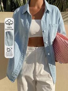 Livesso Women's Loose Fit Long Sleeve Cotton Denim Shirt With Collar - Light Wash - View 1