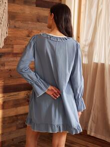 Lullawish Vestido de Loungewear Feminino Boêmio com Babados, Patchwork, Confortável, Mistura de Algodão, Caimento Solto - Azul Empoeirado - Visão 2