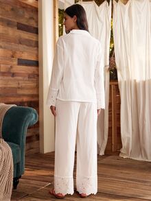 Lullawish Bohemian Casual Vacation Embroidered Floral Lace Patchwork Comfortable Cotton Blend Loose Fit Women's Pajama Set - White - View 4