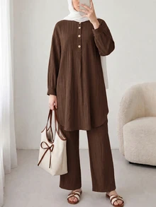 Solavon Women's Solid Color Shirt And Pants Arabic Costume Set - Coffee Brown - View 1
