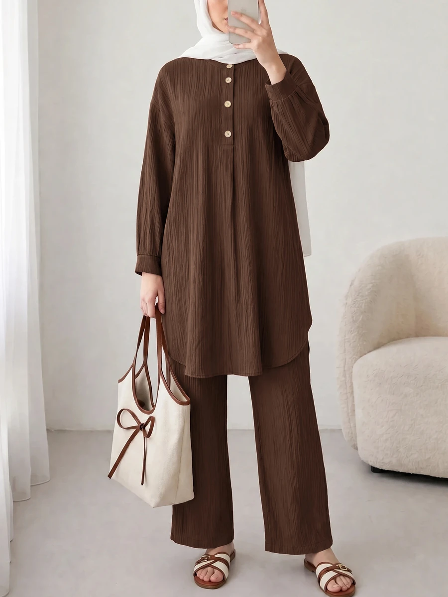 Solavon Women's Solid Color Shirt And Pants Arabic Costume Set - Coffee Brown - View 1