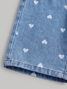 SHEIN Little Byeori 女嬰愛心圖案口袋寬腿寬鬆休閒牛仔褲 - 淺色水洗藍 - 查看 4