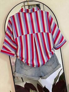 SHEIN Franclia 女款條紋百褶休閒百搭日常穿著襯衫 - 紫色 - 查看 2