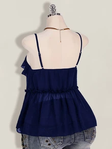 SHEIN ICON 女款大尺碼荷葉邊雪紡細肩帶背心 - 藏蓝色 - 查看 10