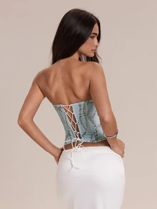 Glamine Fashionable Sexy Light Blue Leopard Print Metallic Thread Pleated Fabric Luxurious Heavy Work Underwire Fishbone Women Top Halloween Party Club - Blue - View 2