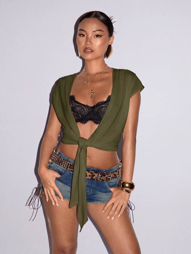 SHEIN ICON Women's Deep V-Neck Knotted Muse Style Top - Army Green - View 4