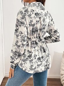 SHEIN 孕婦花卉印花長袖單排扣腰部繫帶襯衫 - 白色 - 查看 2