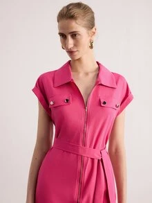 SHEIN 女款純色短袖拉鍊夏季洋裝 酒紅色 女裝套裝 - 玫紅色 - 查看 6