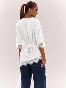 SHEIN BAE 女款優雅純色蕾絲拼接不對稱下擺上衣 - 白色 - 查看 2