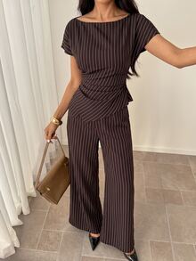 SHEIN PETITE 女款條紋不對稱下擺襯衫與寬鬆長褲套裝 - 咖啡棕 - 查看 6
