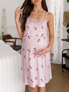 Moonlight&Mama Casual Striped Heart Print Lace Patchwork Nursing Camisole And Robe 2 Pieces Maternity Sleepwear Set - Pink - View 6