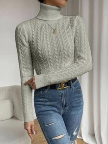 SHEIN 女款素色高領休閒百搭日常長袖針織衫 - 灰色 - 查看 6