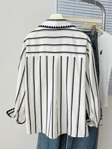 Comfortcana 女款刺繡棕色條紋拼接長袖修身時尚襯衫，附口袋，休閒優雅翻領 - 黑色 - 查看 2