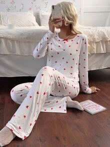 CottageSlumber Women's Heart Polka Dot Print Round Neck Waist Bow Fitted Base Layer Pajama Set - White - View 5