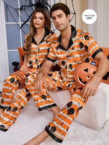 CoupledUp Halloween Funny Ghost Face Print Faux Silk Short Sleeve Lapel Pajama Set - Yellow - View 7