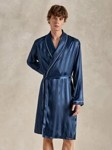 EverLounge Men's Comfortable Minimalist Satin Robe With Contrast Trim - Navy Blue - View 5
