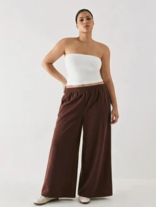 YARNWELL Plus Size Elastic Waist Loose Sweatpants With Pockets - Coffee Brown - View 4