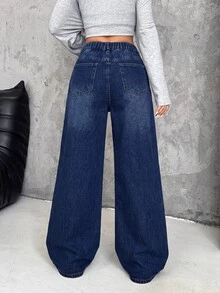 SHEIN PETITE 女款不對稱腰頭口袋寬腿鬆垮休閒街頭風 Y2K 90S 牛仔牛仔褲 校園日常校外穿搭 深藍色 秋季 海軍藍 夏季 - 中等水洗藍 - 查看 7